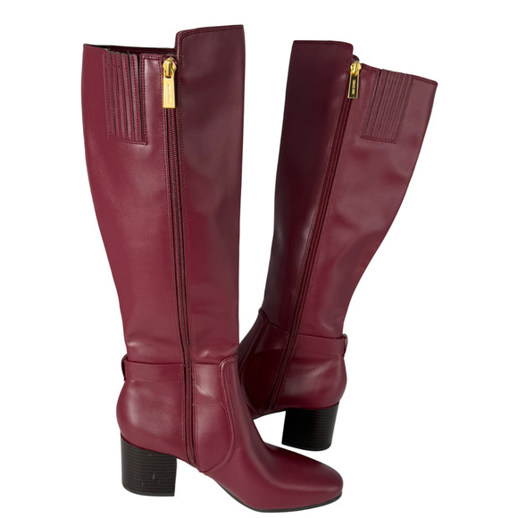 NEW MICHAEL KORS MULBERRY RED CARMEN RIDING TALL LOGO BOOTS SIZE 6.5 - Picture 4 of 8